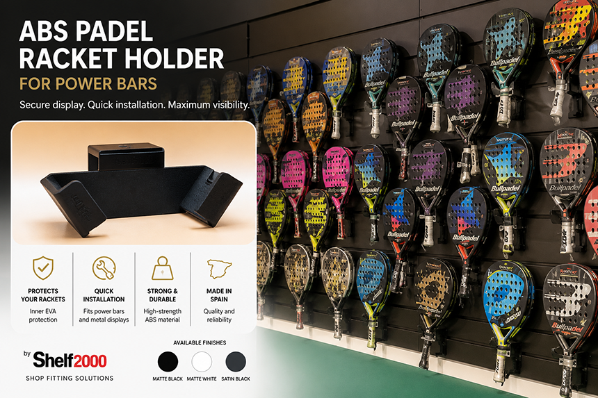 ABS padel racket holder for power bars shown in a professional retail display with padel rackets mounted on the wall.